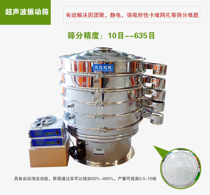 超聲波振動篩具備自動清潔功能，篩面通過率可以增加50%-400%，產量可提高0.5-10倍
